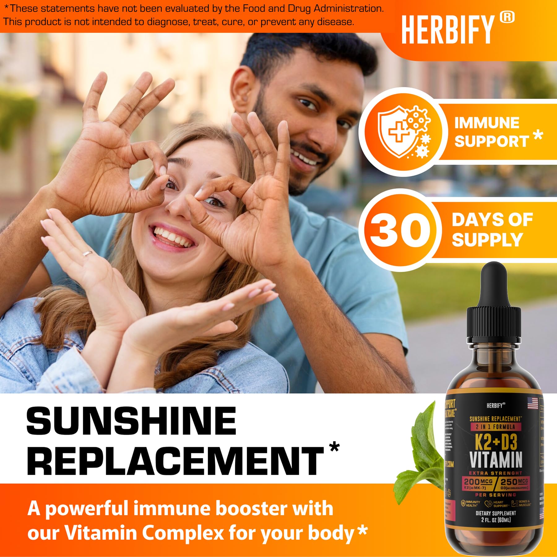 HERBIFY Vitamin D3 K2 Drops dropper showing precise dosing for immune and heart health.