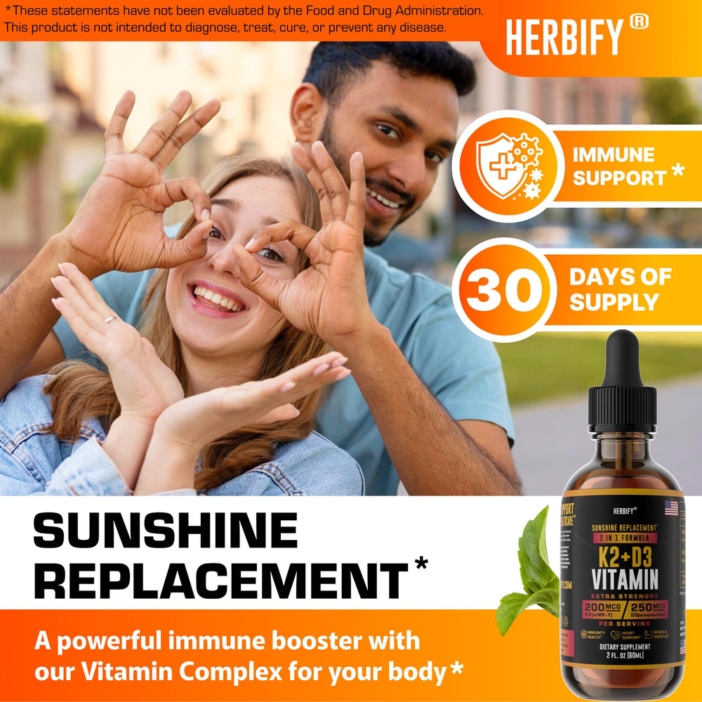 HERBIFY Vitamin D3 K2 Drops dropper showing precise dosing for immune and heart health.