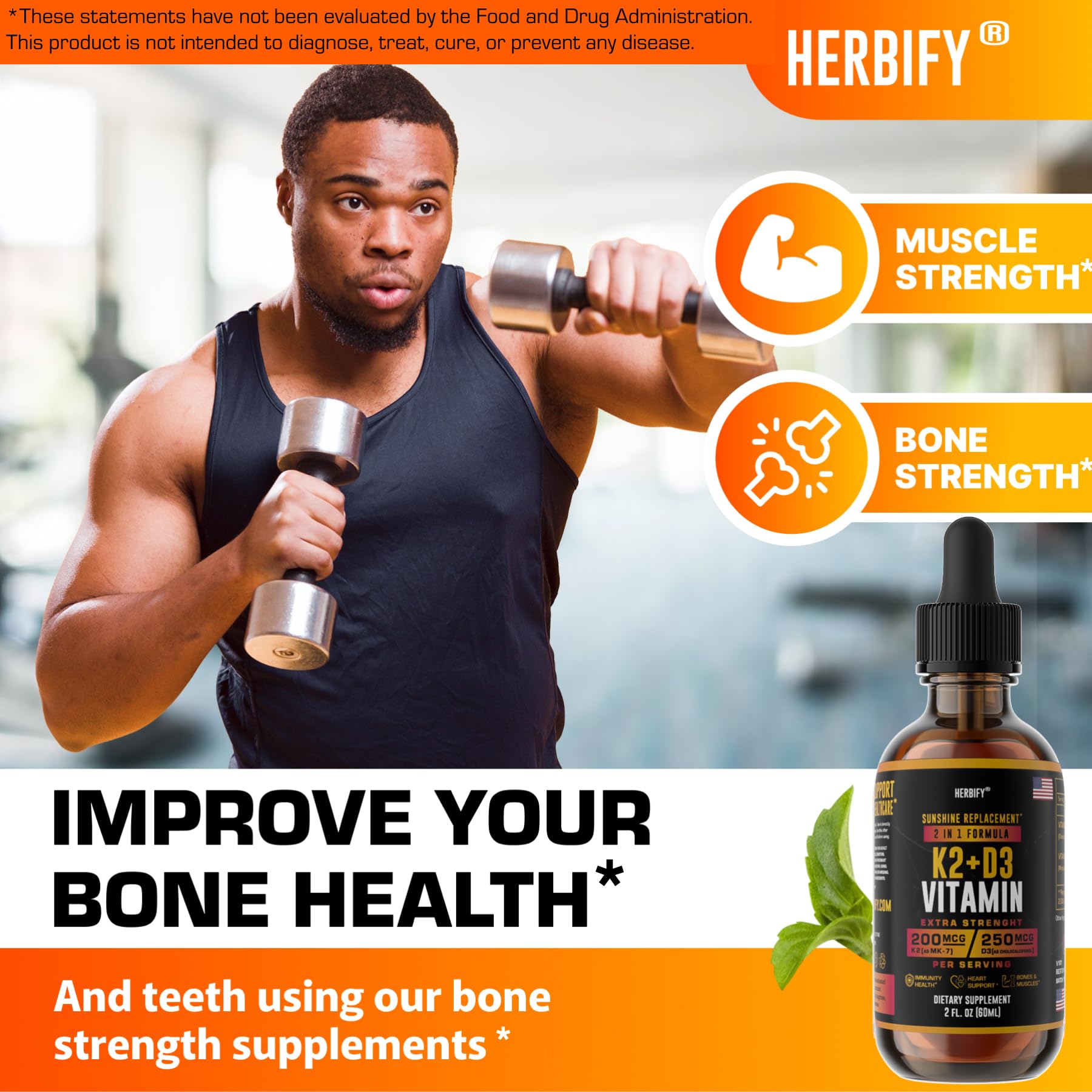 HERBIFY Vitamin D3 K2 Drops label close-up highlighting 10000 IU per serving.