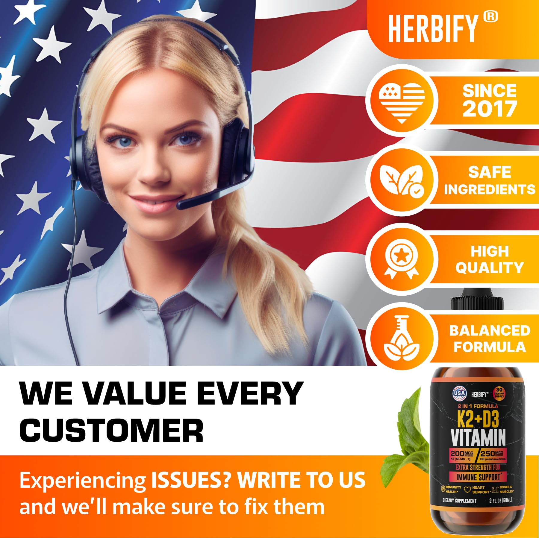 HERBIFY Vitamin D3 K2 Drops packaging showcases a clean, trusted health supplement.