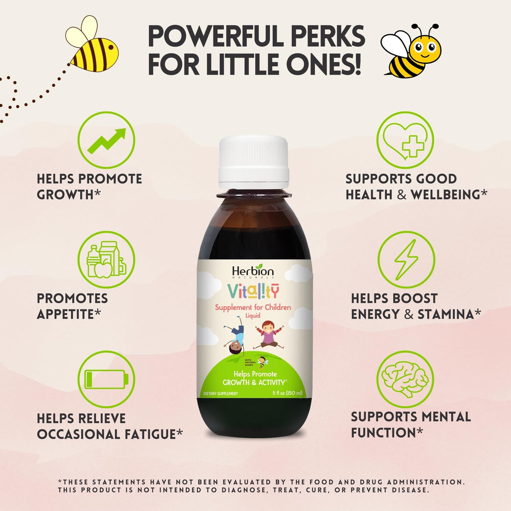 HERBION Vitality syrup bottle shows natural ingredients for healthy growth.