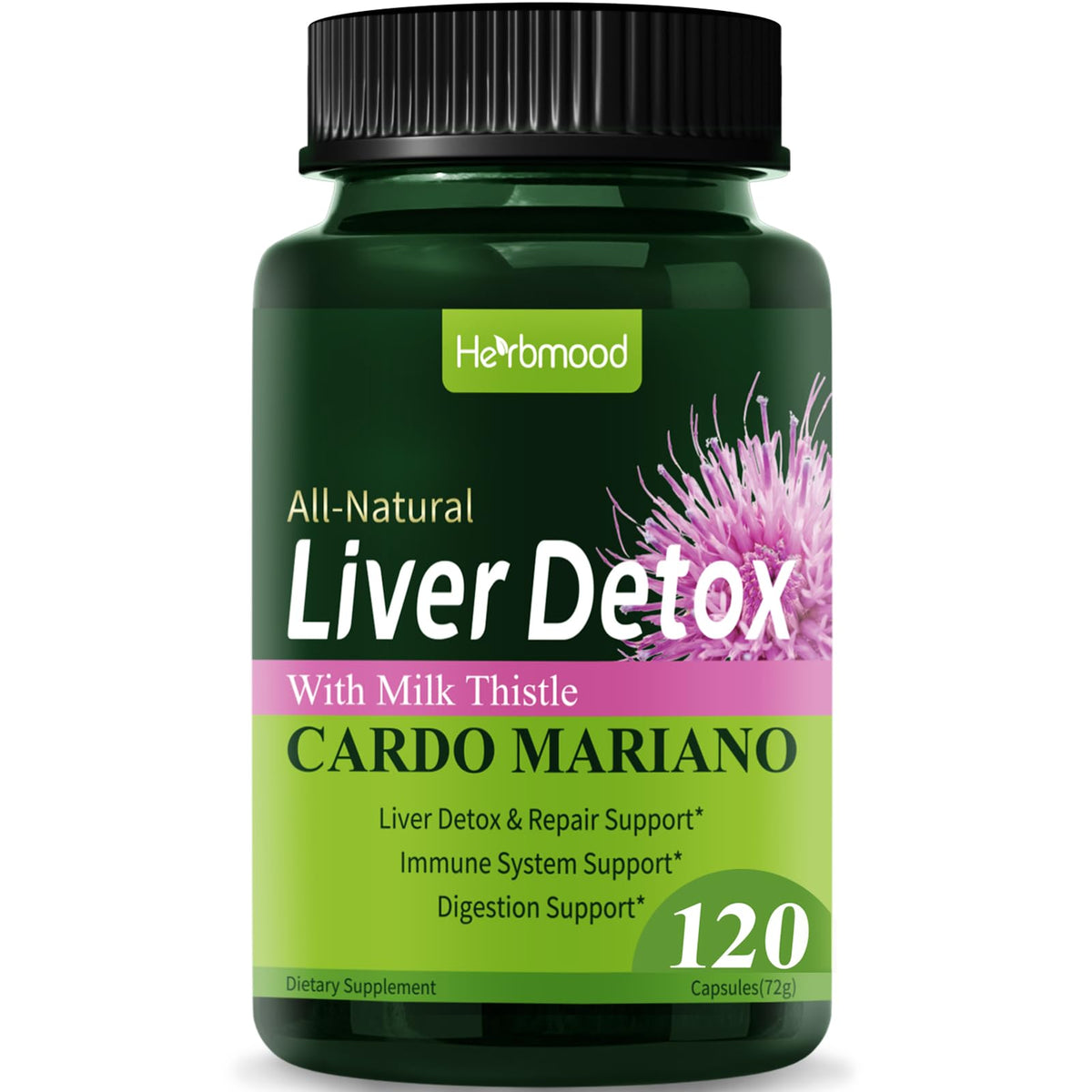 Herbmood milk thistle capsules in bottle highlighting liver support