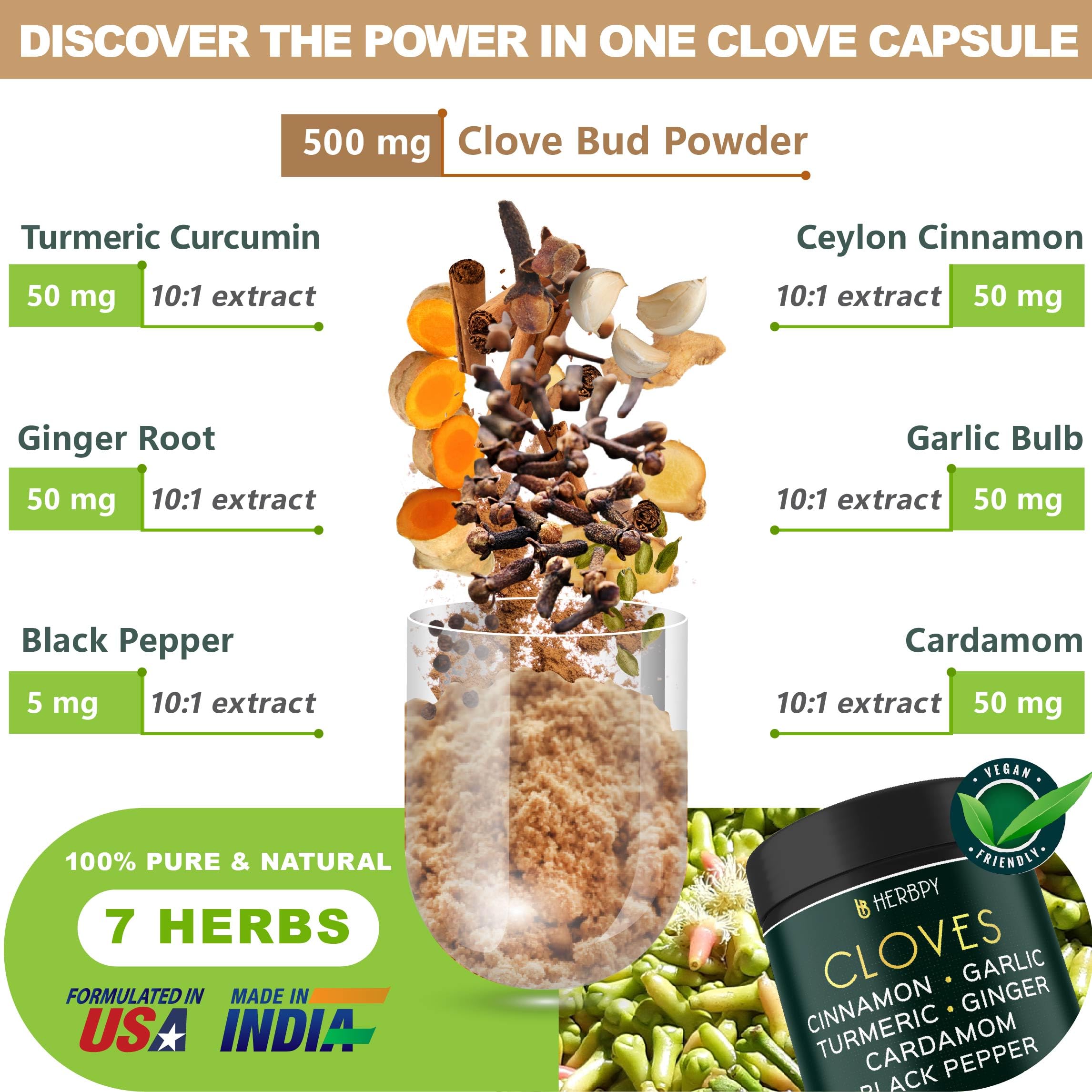 Herbpy 7in1 clove capsule closeup — blends cloves and herbs for digestion support.