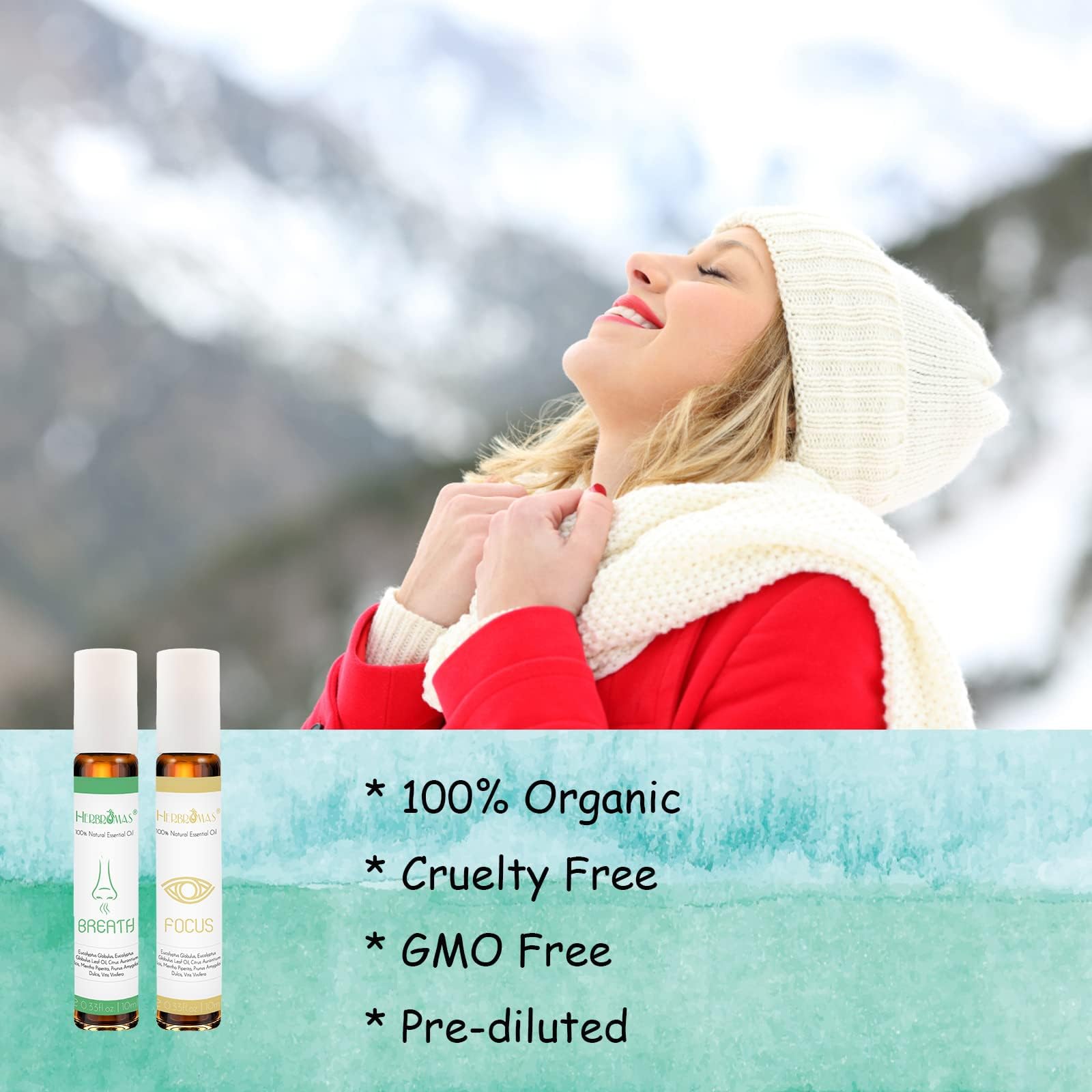 HERBROMAS Aromatherapy Oils Roller Set labels show natural blend notes for selection.