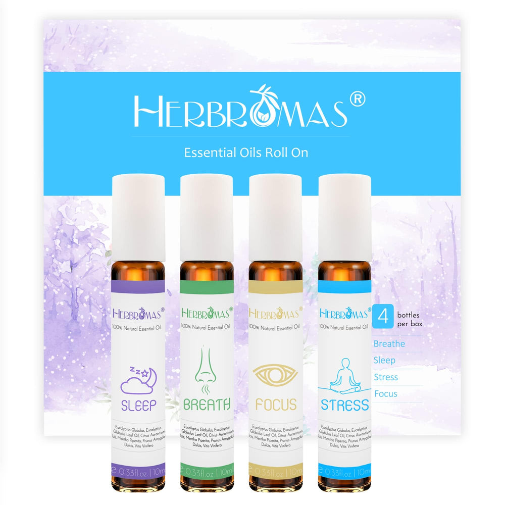 HERBROMAS Aromatherapy Oils Roller Set rollerball detail for on-the-go mood ease.