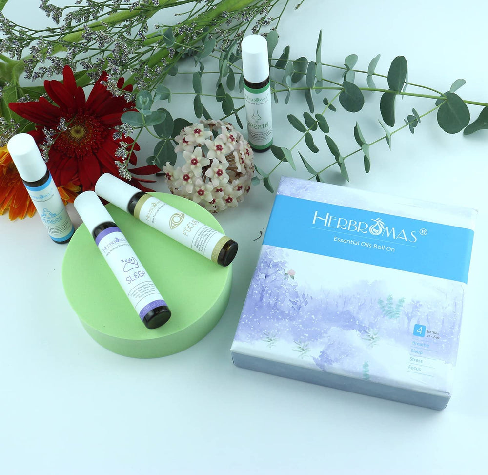 HERBROMAS Aromatherapy Oils Roller Set travel-size bottle designed for portable use.