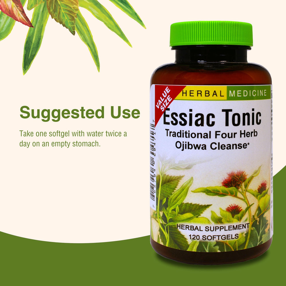 Herbs Etc. Essiac Tonic Softgels bottle beside glass of water during routine.