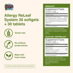Herbs Etc Allergy ReLeaf System bottle back reveals ingredients and gluten-free claim for trust.