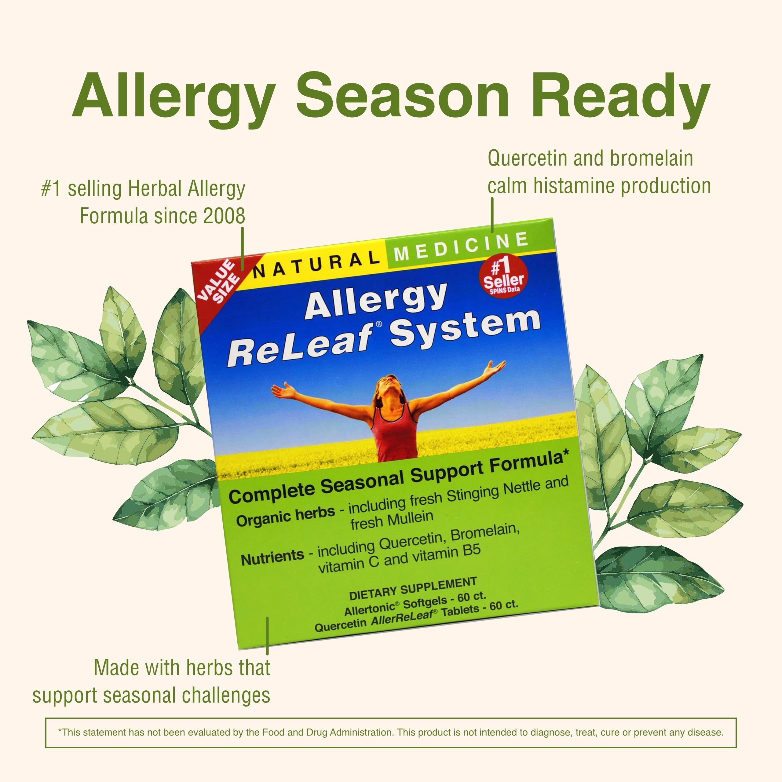 Herbs Etc. Allergy ReLeaf System bottle pour showing simple daily dosing on the go.