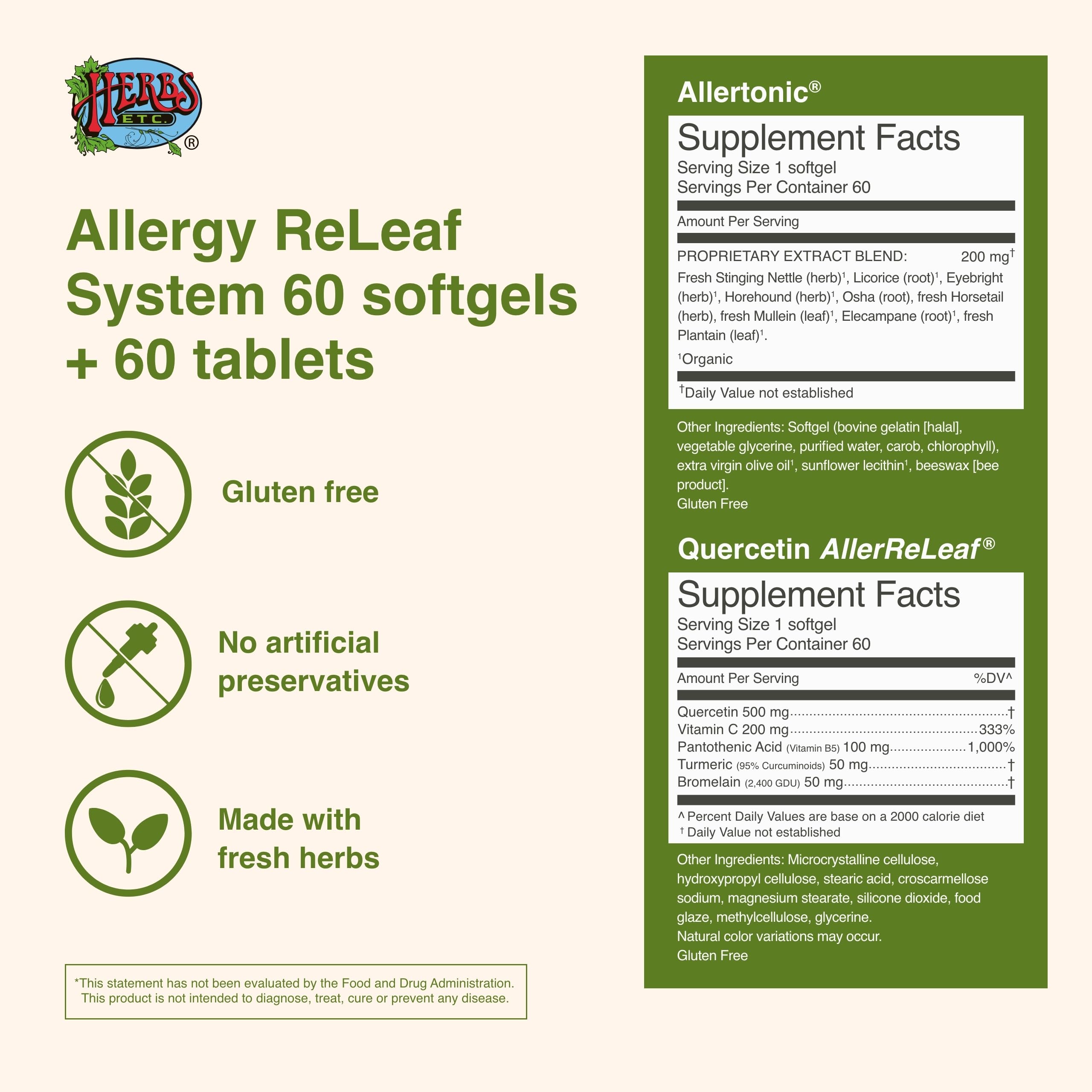 Herbs Etc. Allergy ReLeaf System tablets box for daytime seasonal support and easy swallowing.