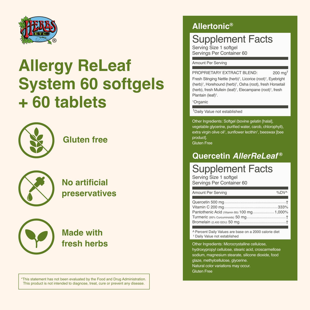 Herbs Etc. Allergy ReLeaf System tablets box for daytime seasonal support and easy swallowing.