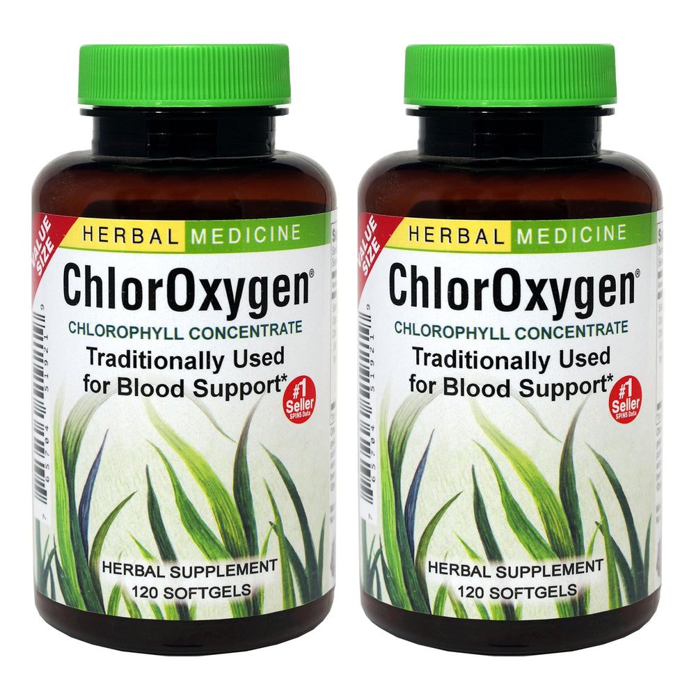 Herbs Etc. ChlorOxygen bottle front shows concentrated chlorophyll for daily vitality.