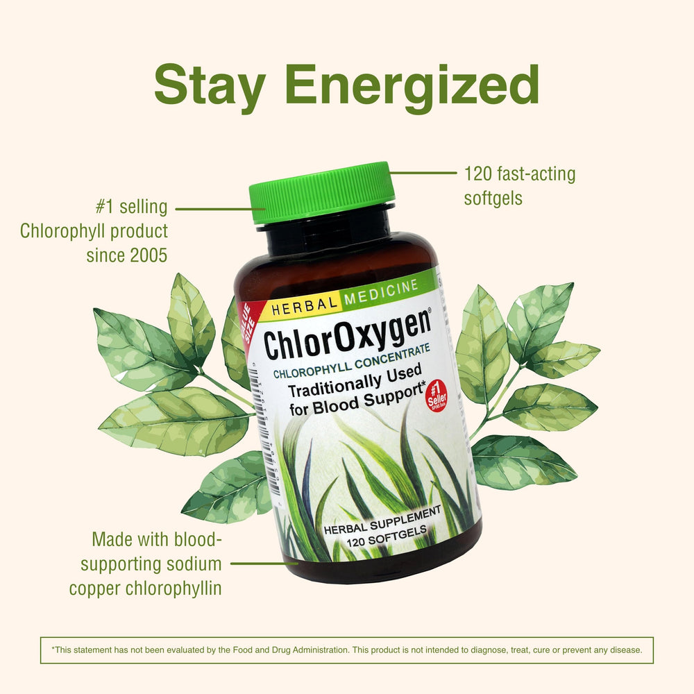 Herbs Etc. ChlorOxygen gluten-free badge shown for diet-friendly use.