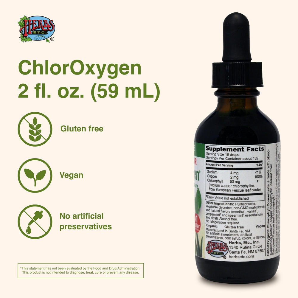 Herbs Etc. ChlorOxygen bottle pour demonstrating easy dosing for daily use