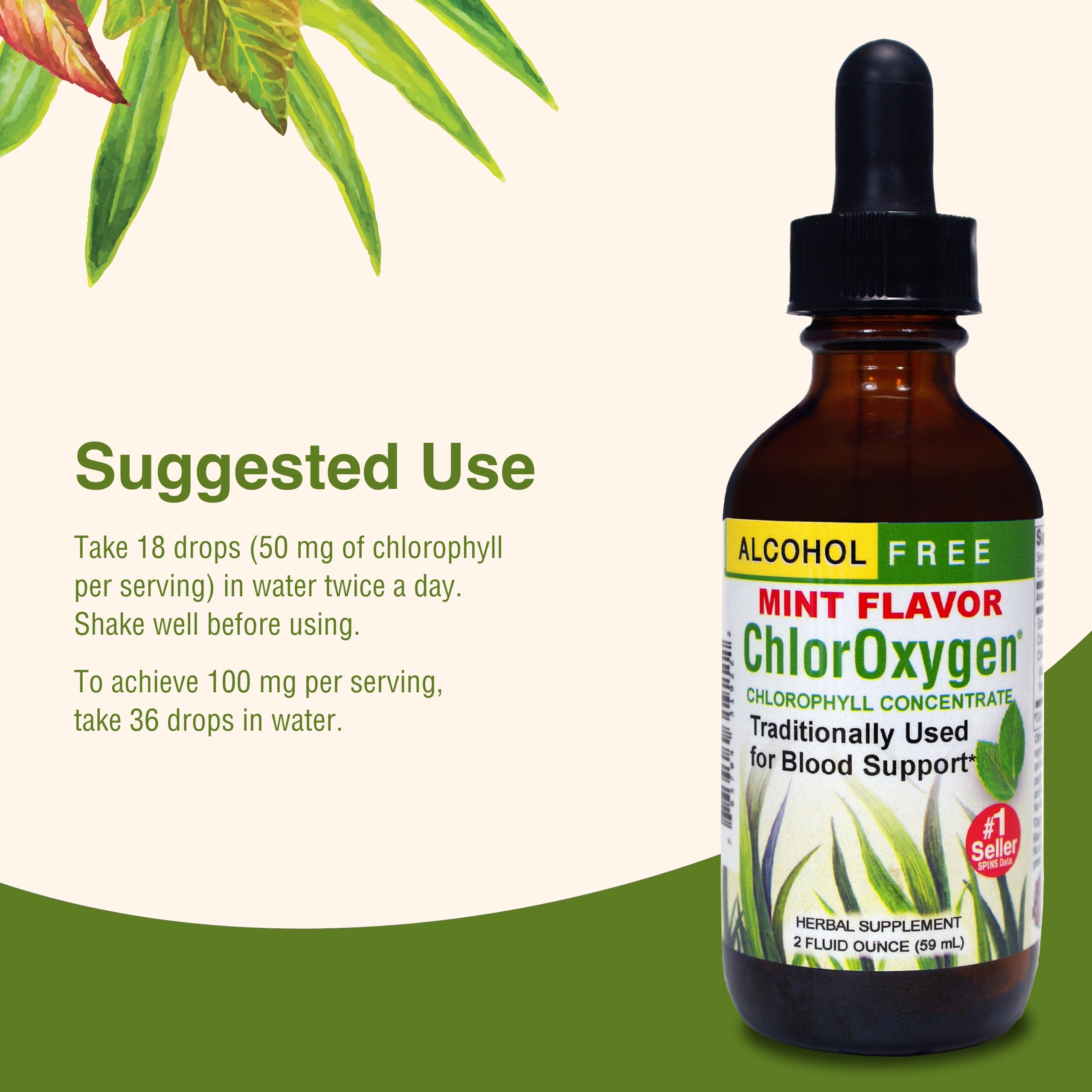 Herbs Etc. ChlorOxygen dosage guide illustrating 18–36 drops per serving