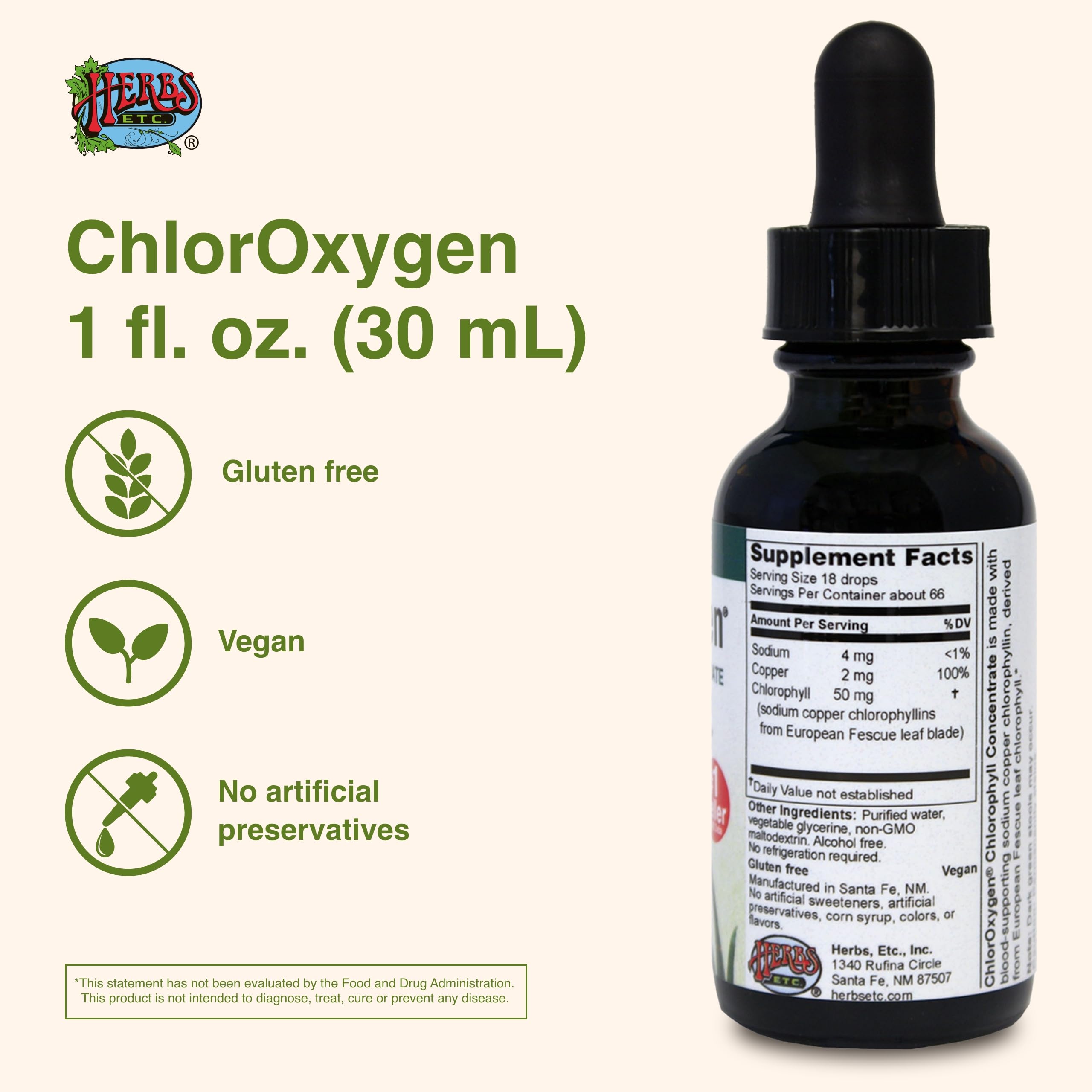 Herbs Etc. ChlorOxygen drops showing liquid chlorophyll dosing