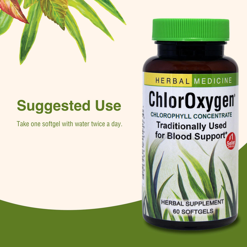 ChlorOxygen bottle shown beside greens, highlighting gluten-free formulation.