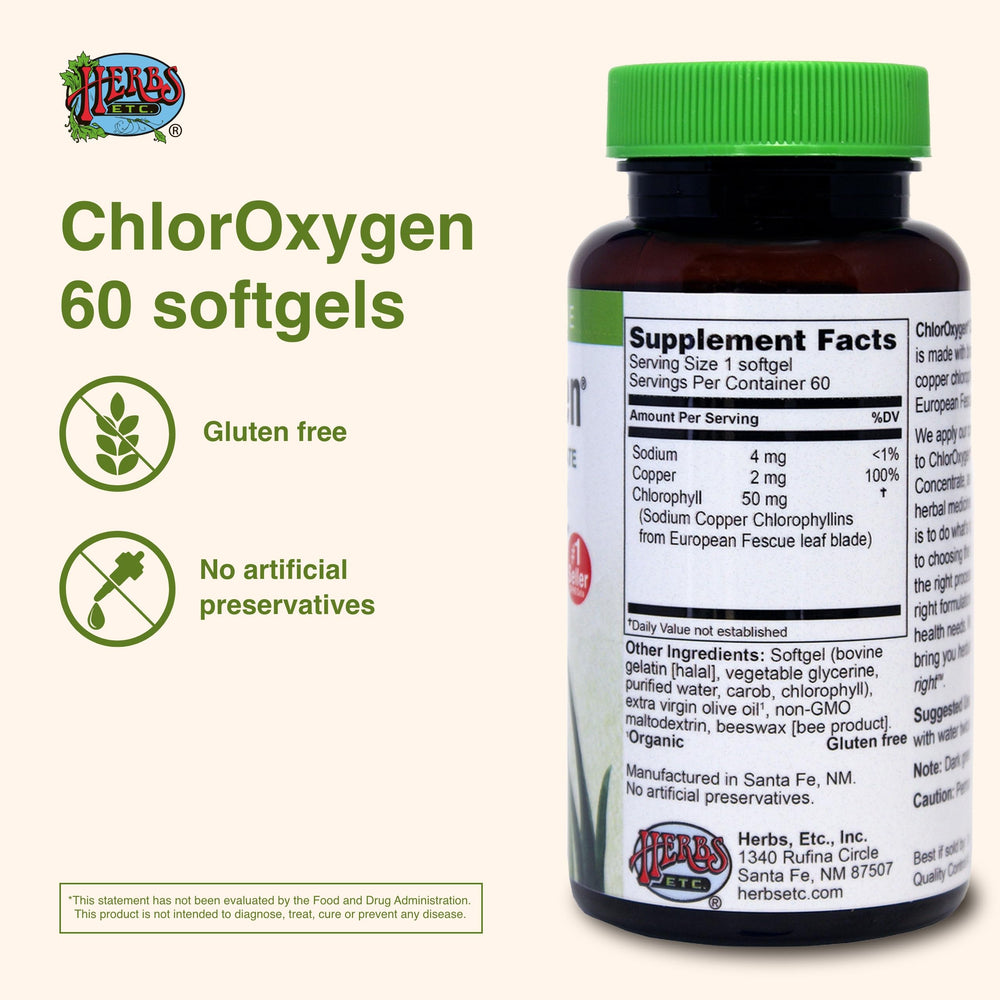 Close-up of ChlorOxygen label detail emphasizing chlorophyll source.