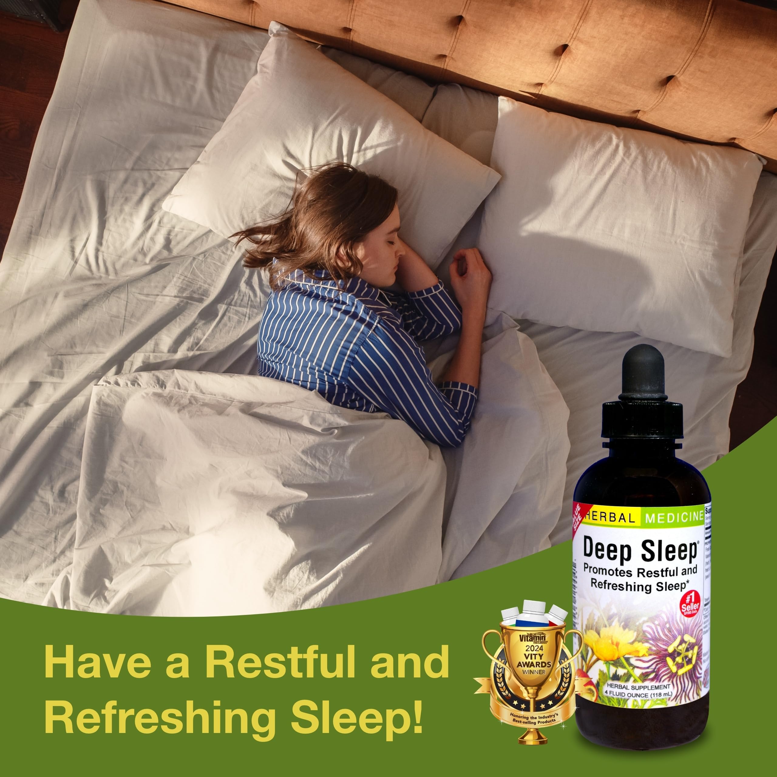 Product label close-up highlighting natural formulation and herbs in Herbs Etc. Deep Sleep.