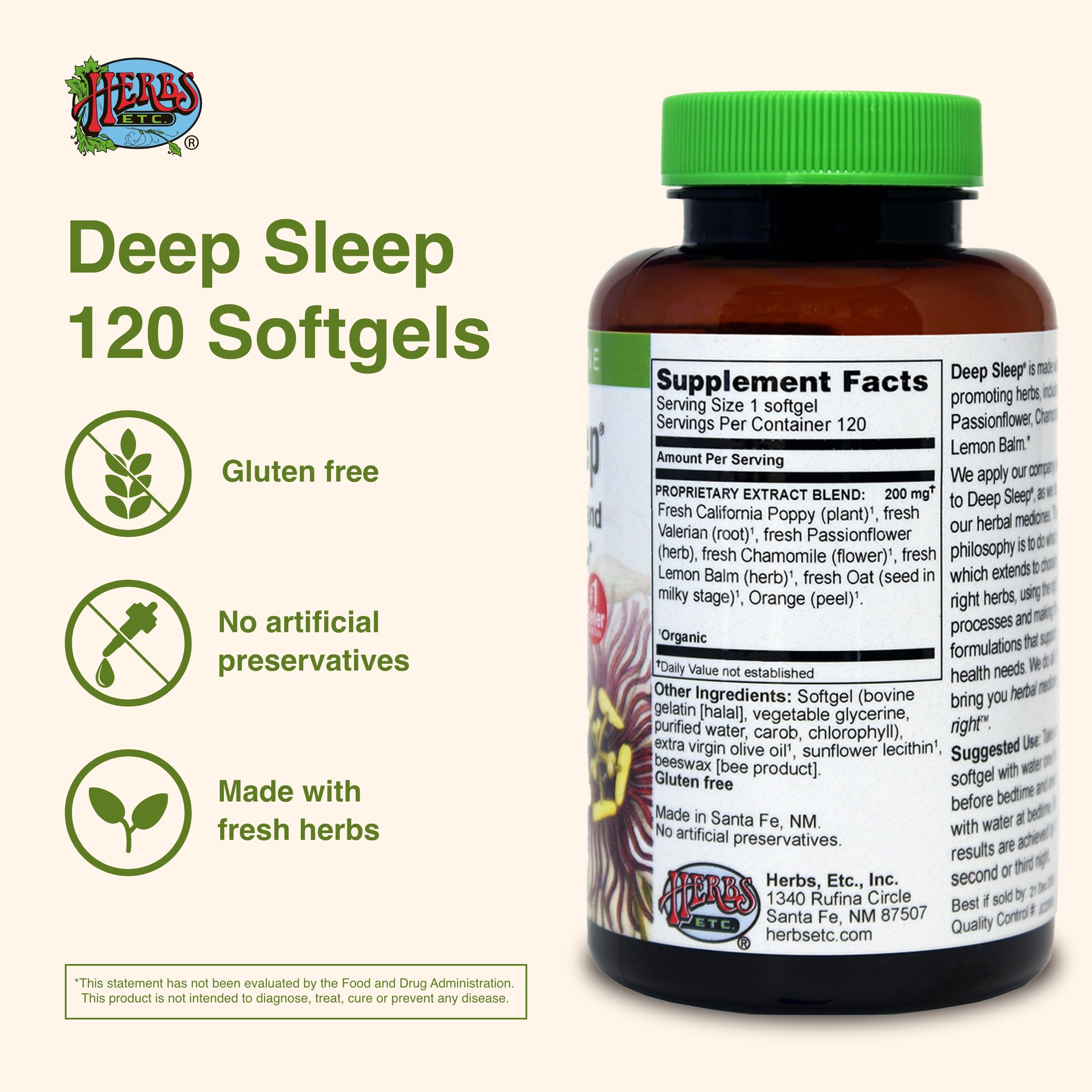 Herbs Etc. Deep Sleep Softgels ingredients label shows fresh herbs used