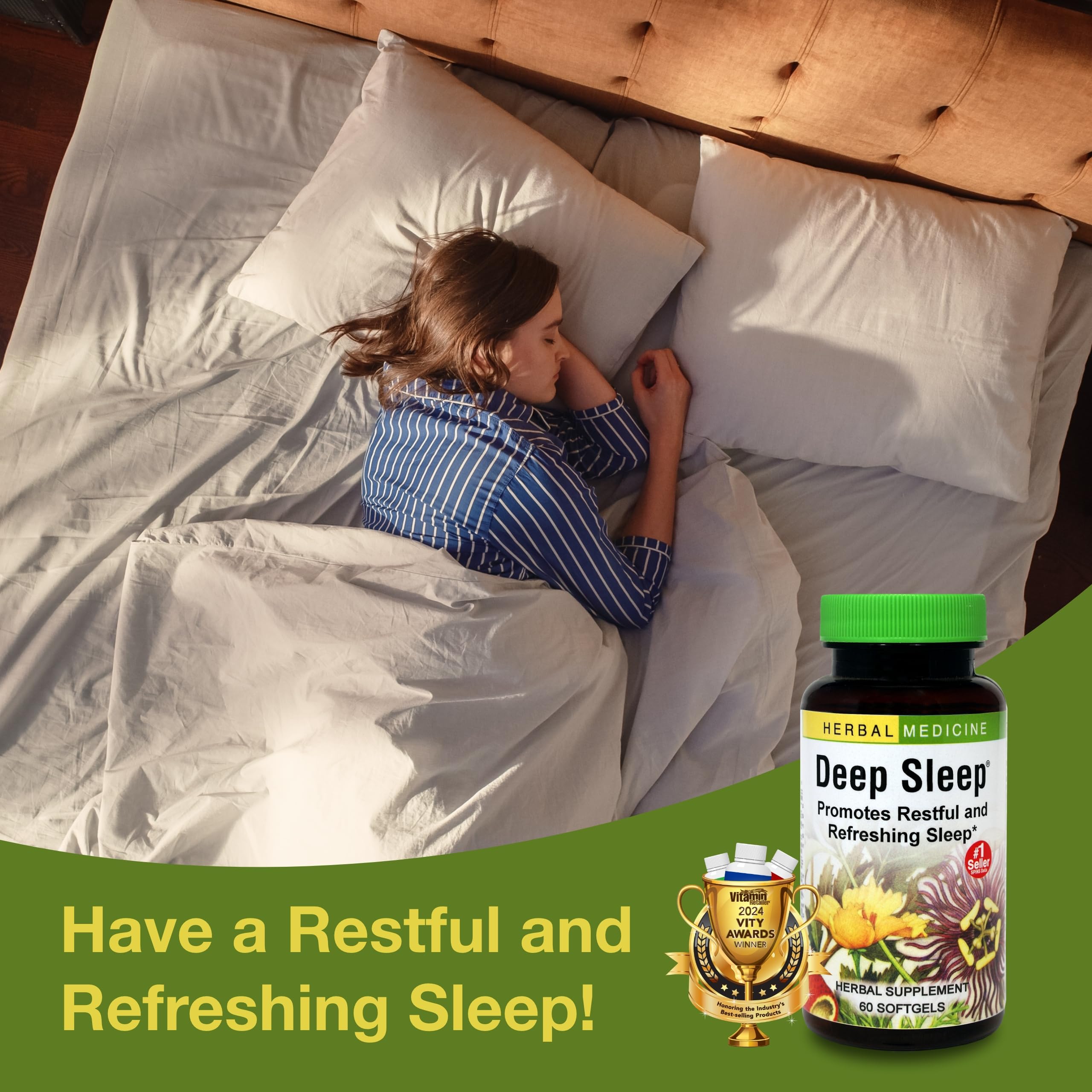 Herbs Etc Deep Sleep softgels pour demonstrates simple nightly intake