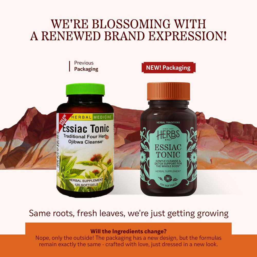 Herbs Etc. Essiac Tonic Softgels bottle label close-up highlighting herbal ingredients.