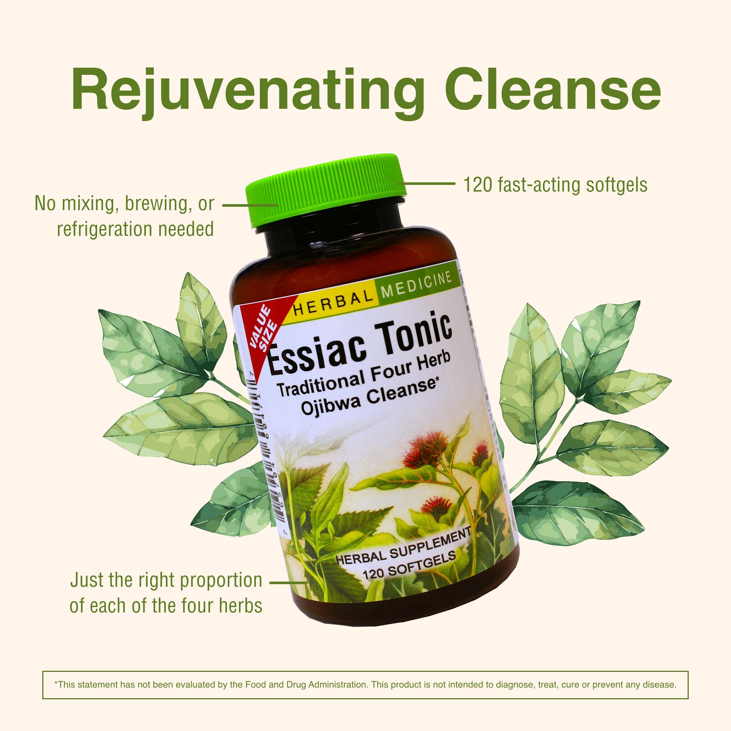 Herbs Etc. Essiac Tonic Softgels bottle side view for convenient dosing.