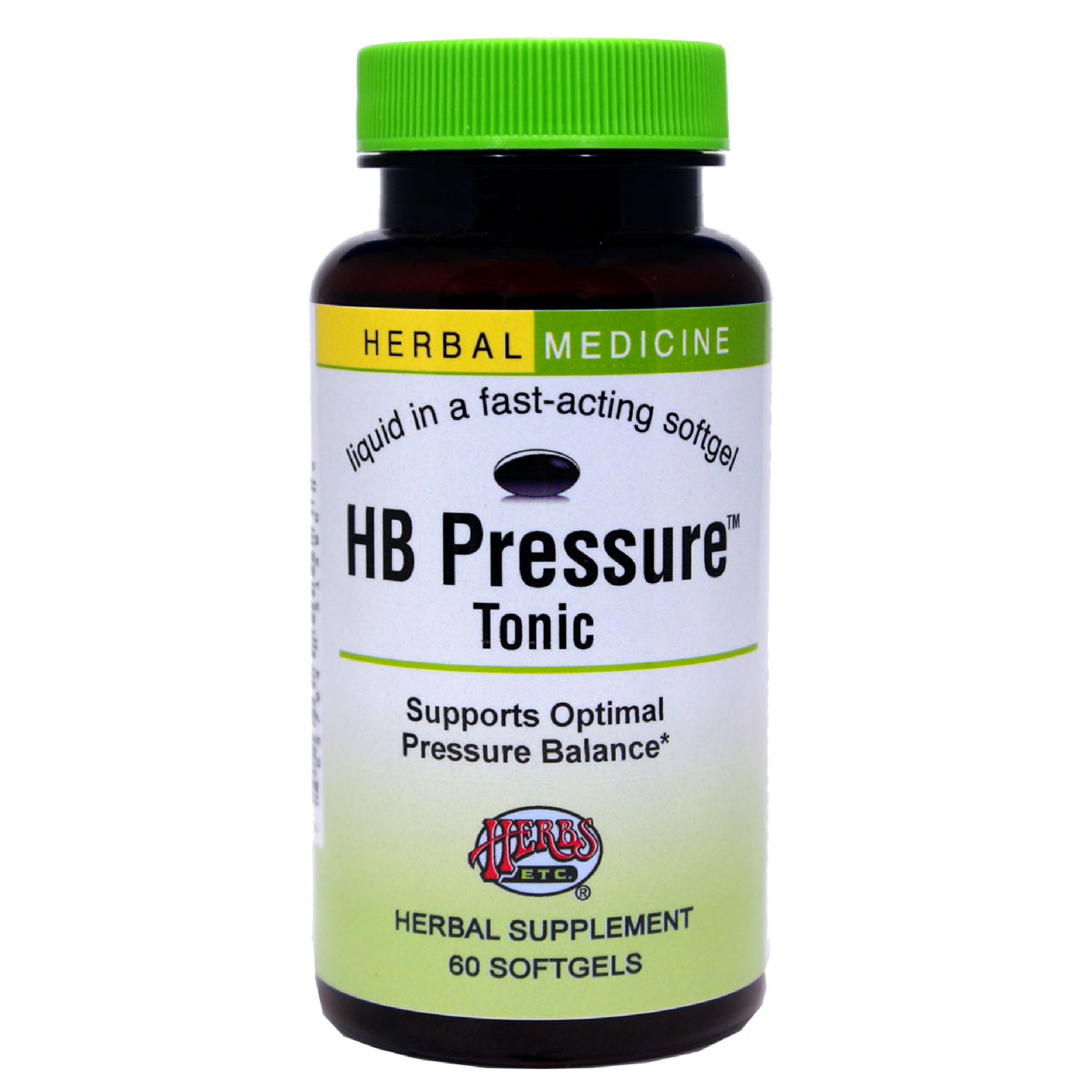 Herbs Etc HB Pressure Tonic bottle with label highlighting herbal blend and gluten-free formula.