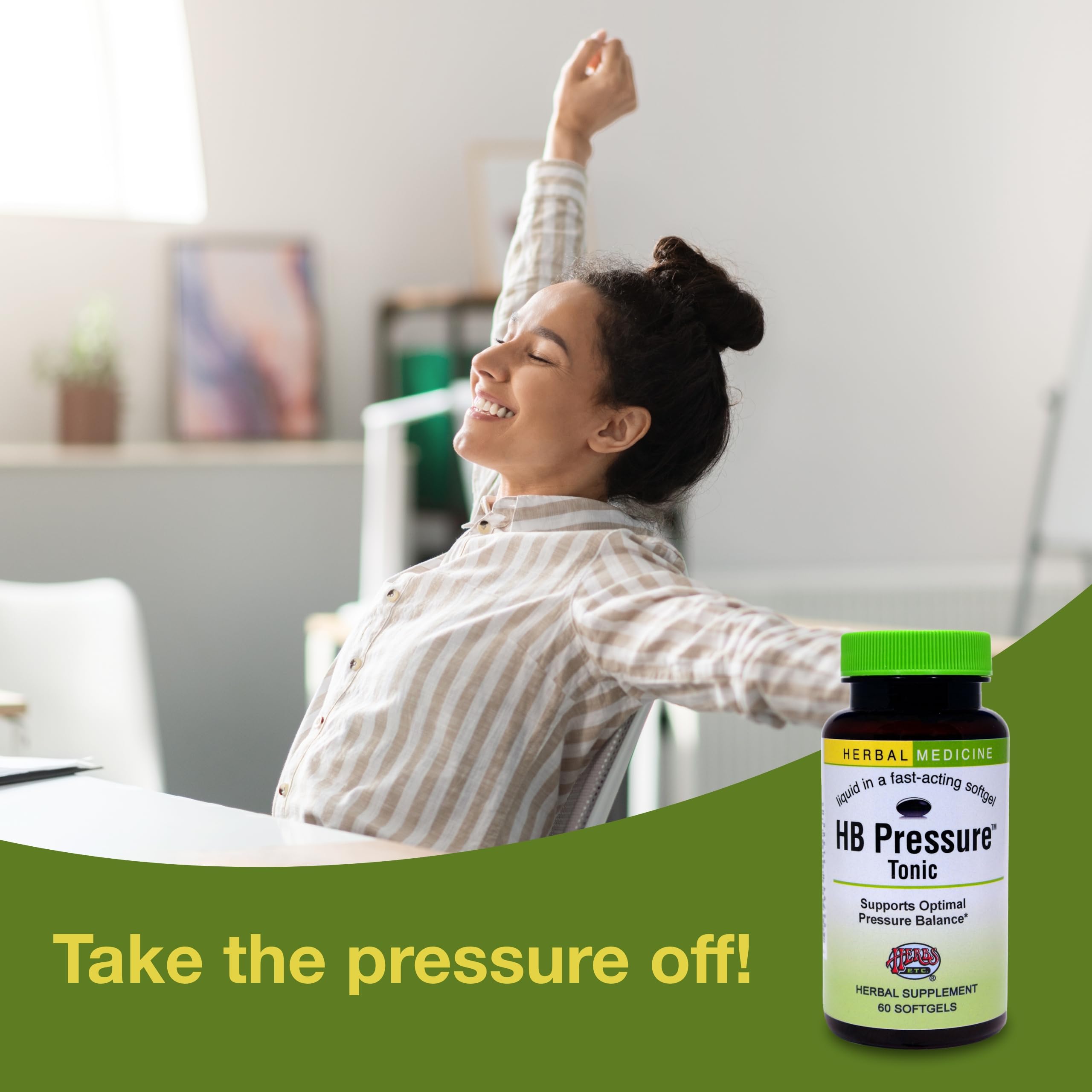 Three HB Pressure Tonic softgels daily with water for circulation support.
