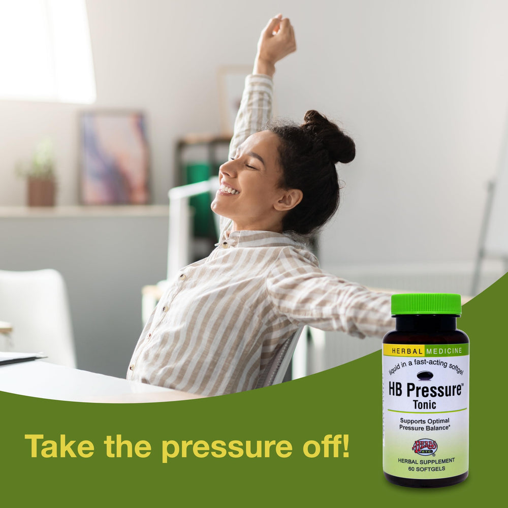 Three HB Pressure Tonic softgels daily with water for circulation support.