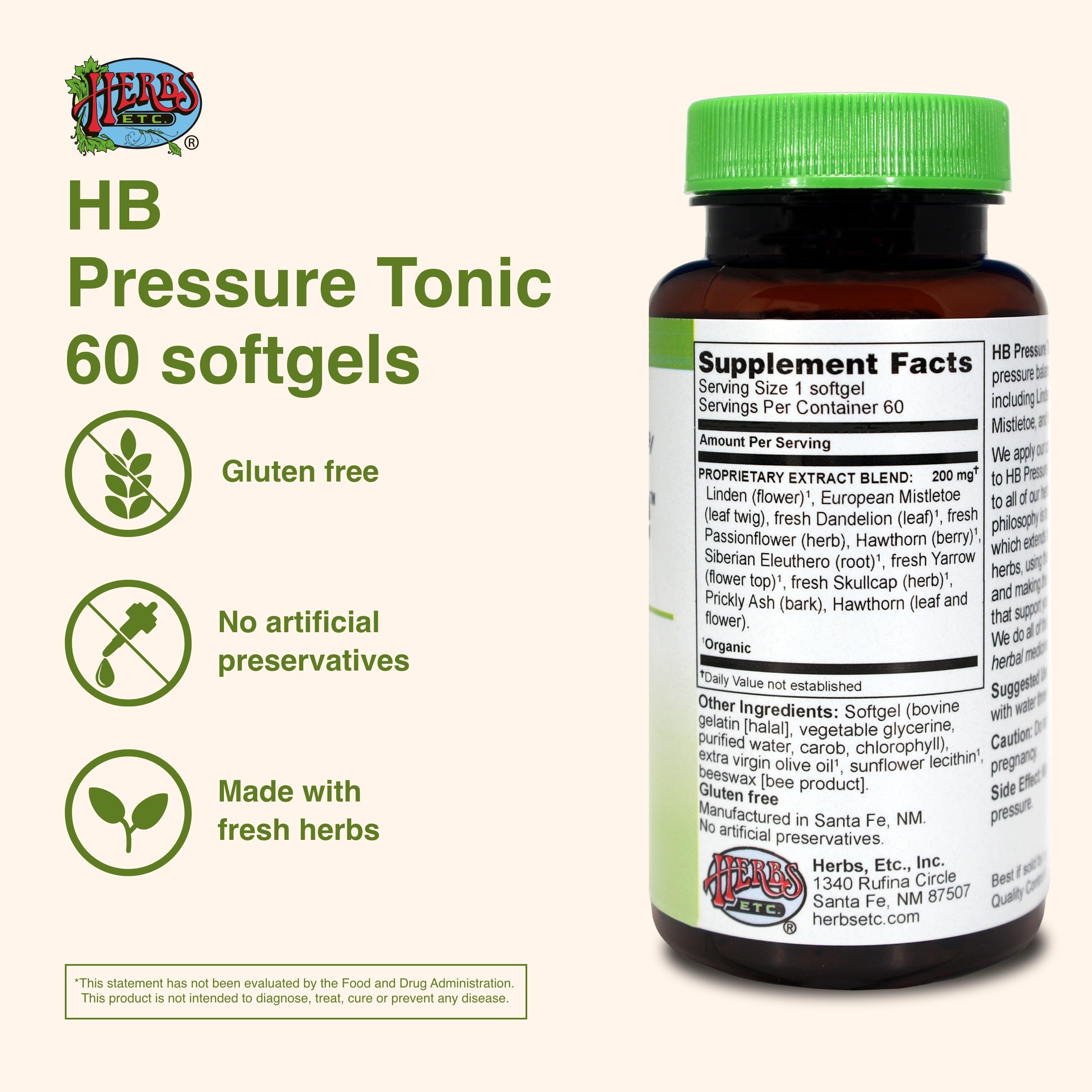 HB Pressure Tonic packaging label reveals gluten-free claim and herbal blend.