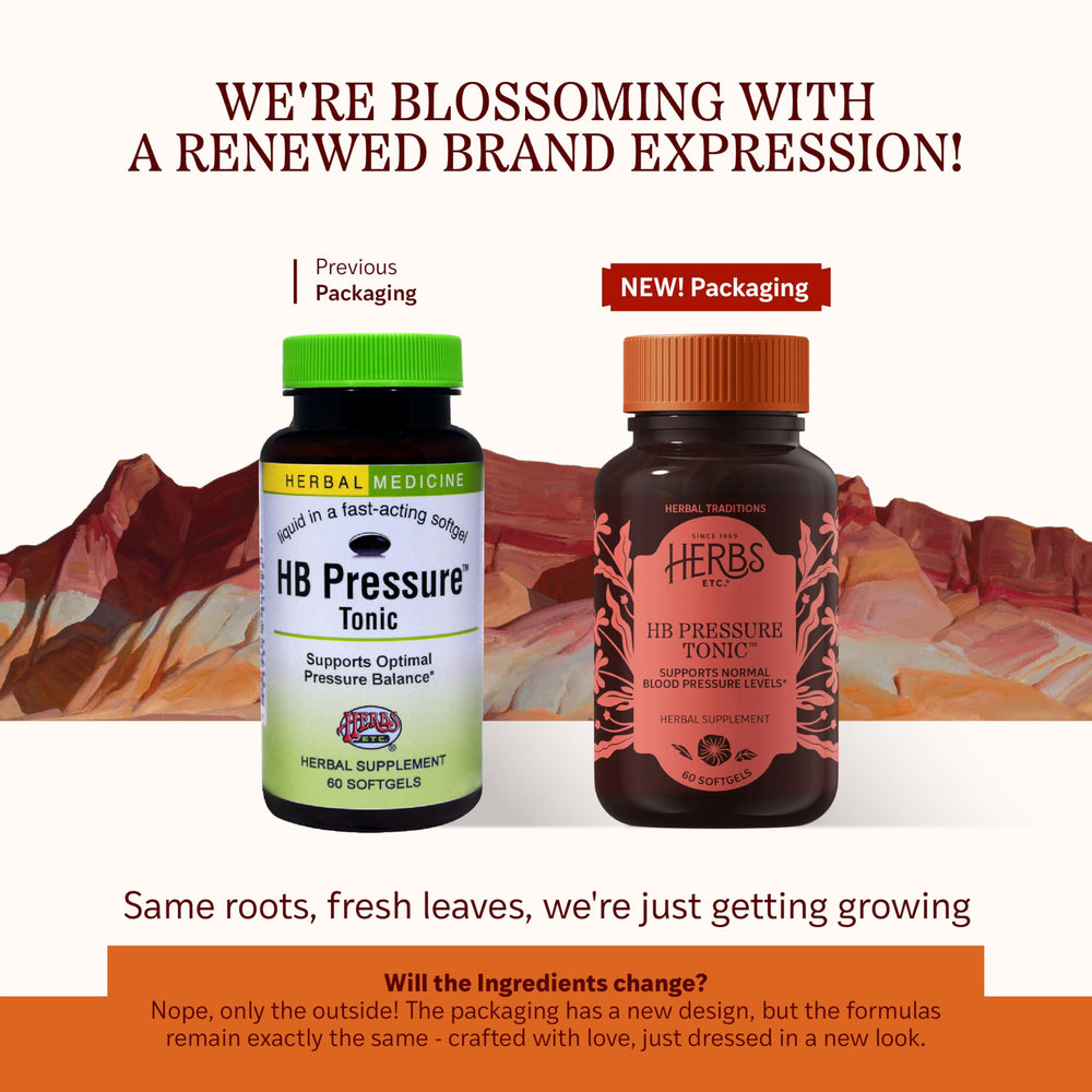 Herbs Etc HB Pressure Tonic softgels close-up showing texture for daily energy support.