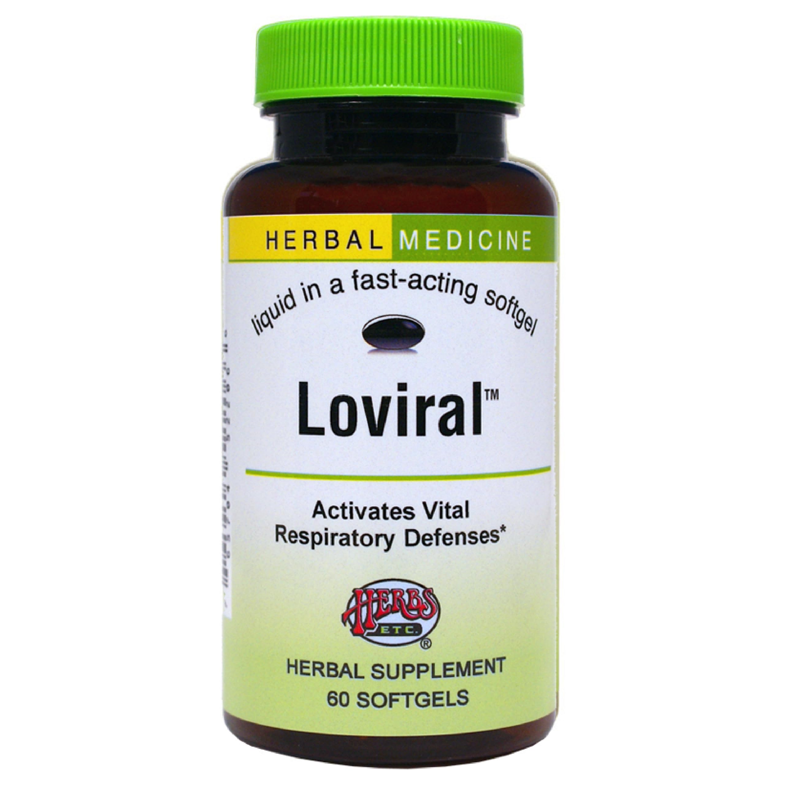 Herbs Etc Loviral bottle label highlights gluten-free lung health support