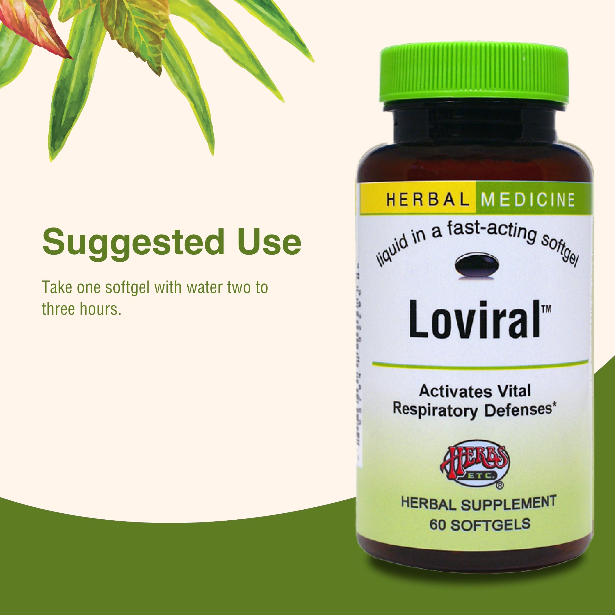 Lifestyle scene shows Loviral bottle beside a glass of water