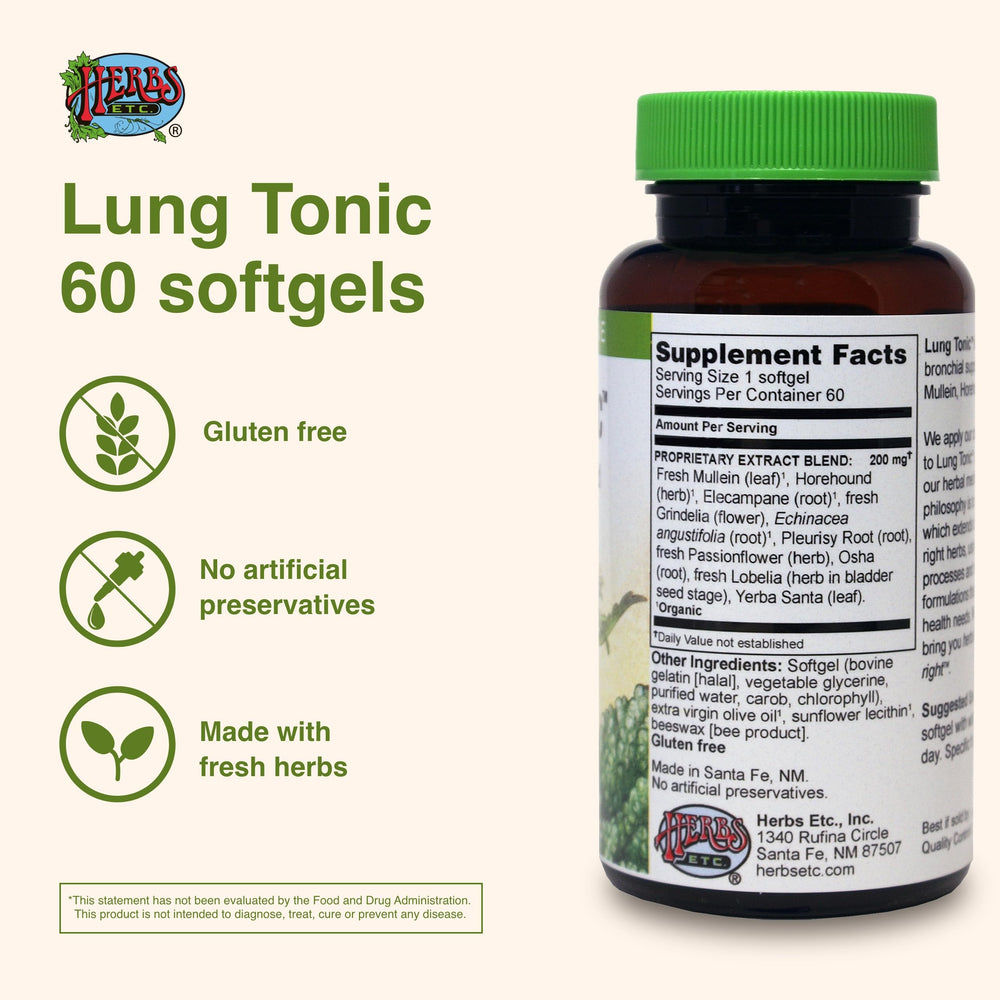 Herbs Etc. Lung Tonic ingredients: mullein, key for respiratory comfort.