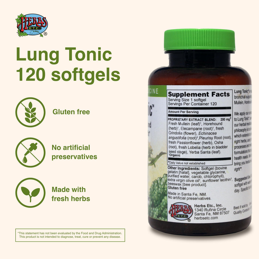 Herbs Etc. Lung Tonic label view highlighting organic herbal blend.