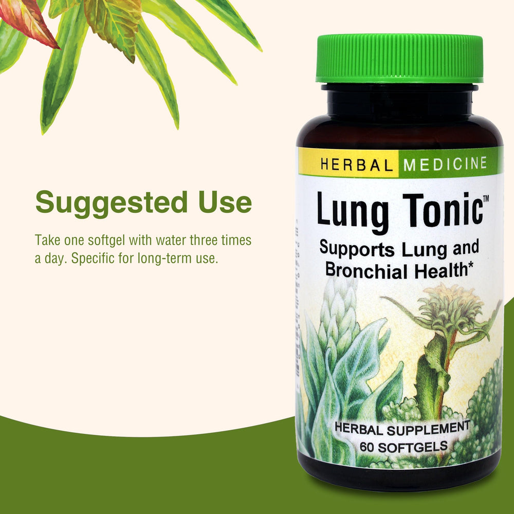 Packaging display of Herbs Etc. Lung Tonic showing organic herbs.