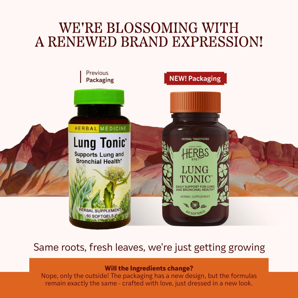 Close-up of Herbs Etc. Lung Tonic softgels for bronchial support.
