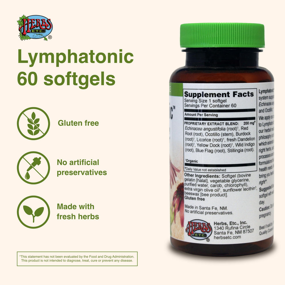 Herbs Etc Lymphatonic SG bottle back label with usage directions and dosage