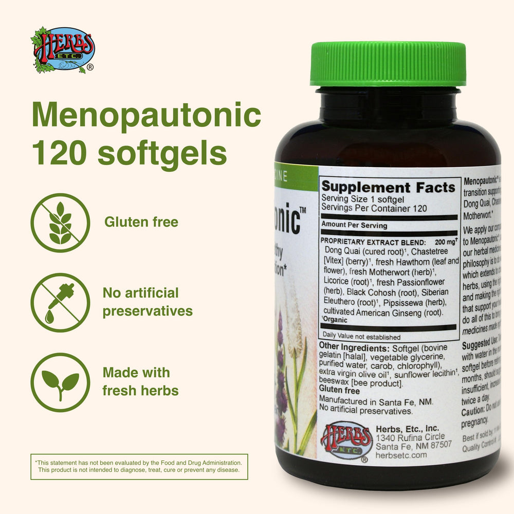 Herbs Etc. Menopautonic Softgels with chaste tree for mood balance.