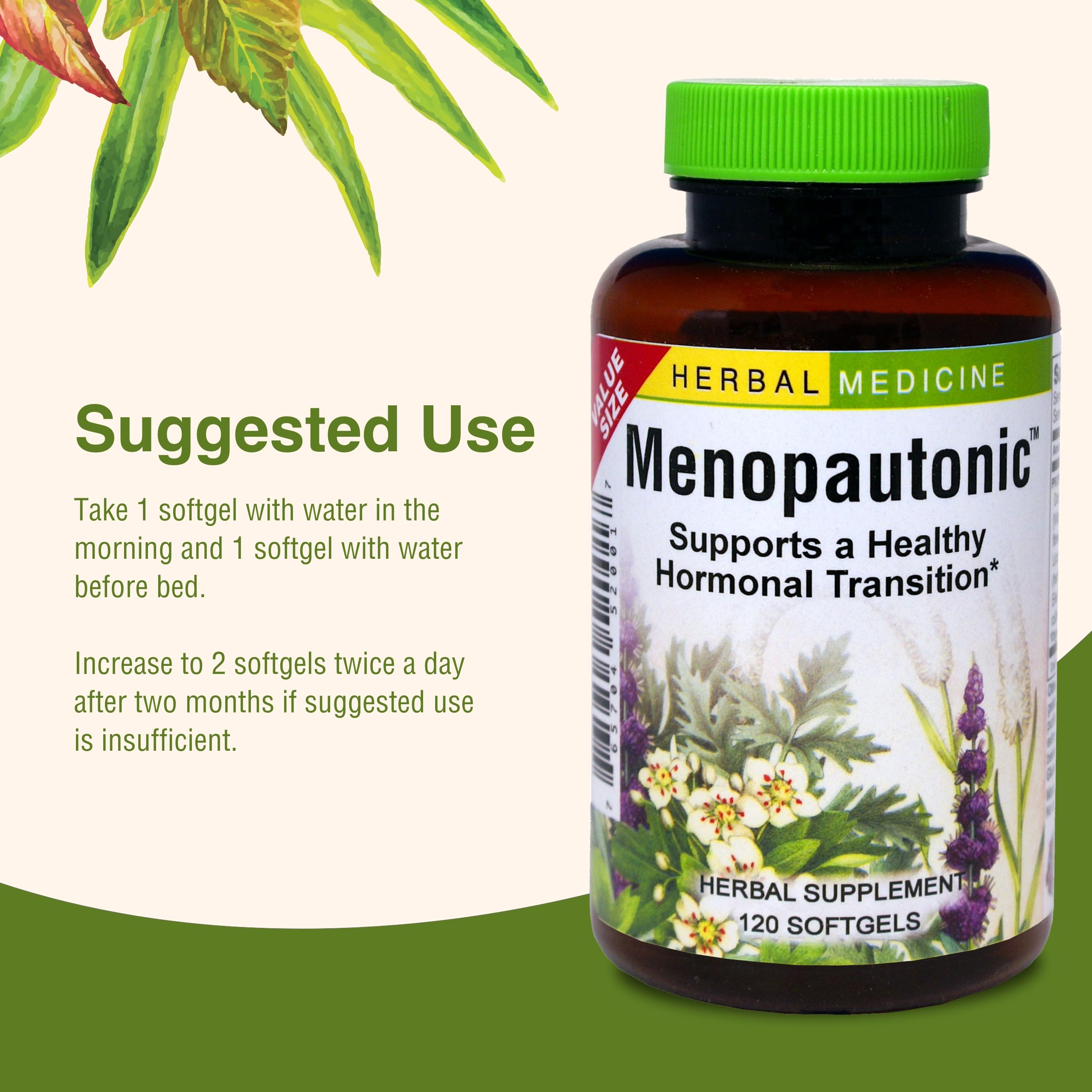 Herbs Etc. Menopautonic Softgels dosage guidance for morning and night.