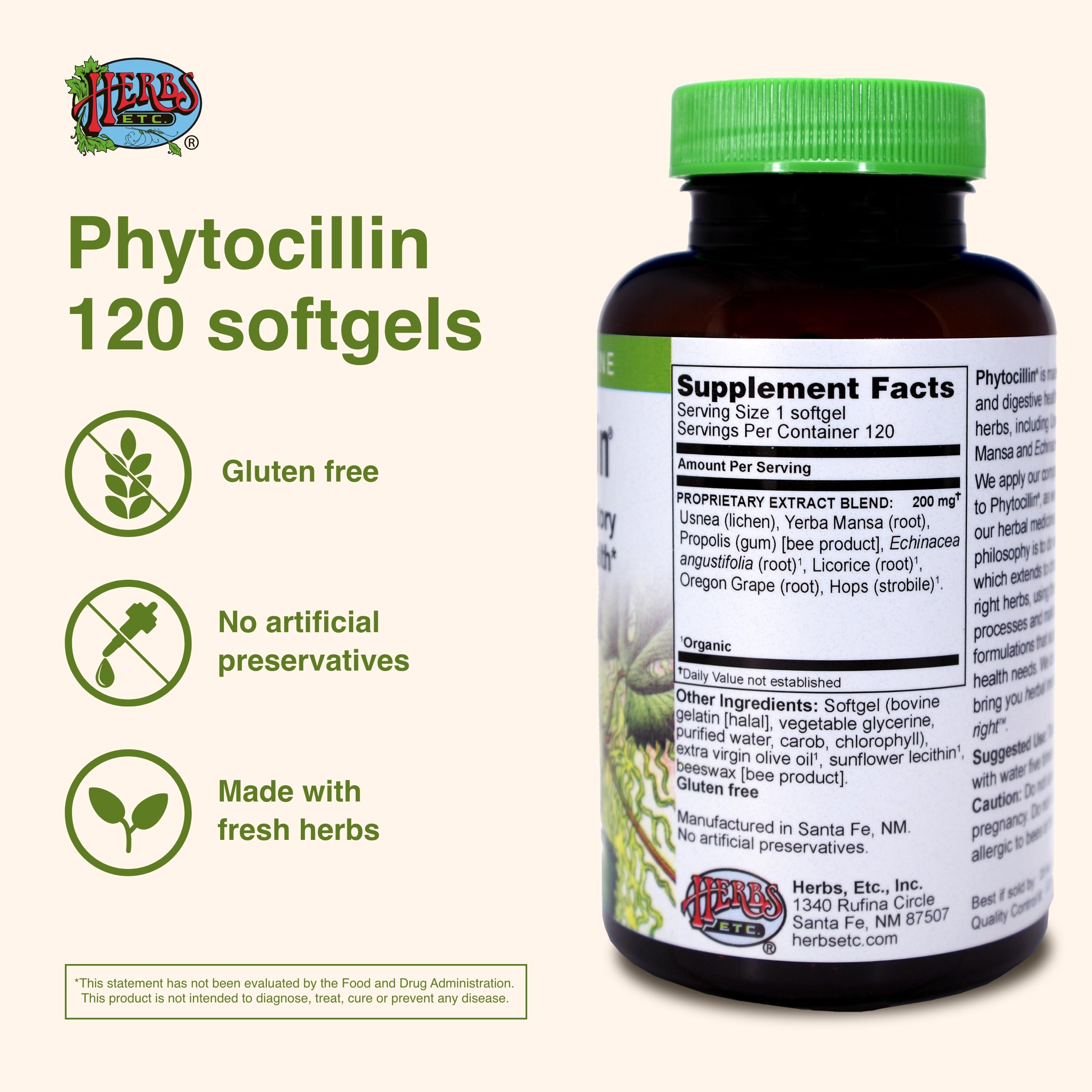 Herbs Etc Phytocillin usnea ingredient closeup showcases herbal potency.
