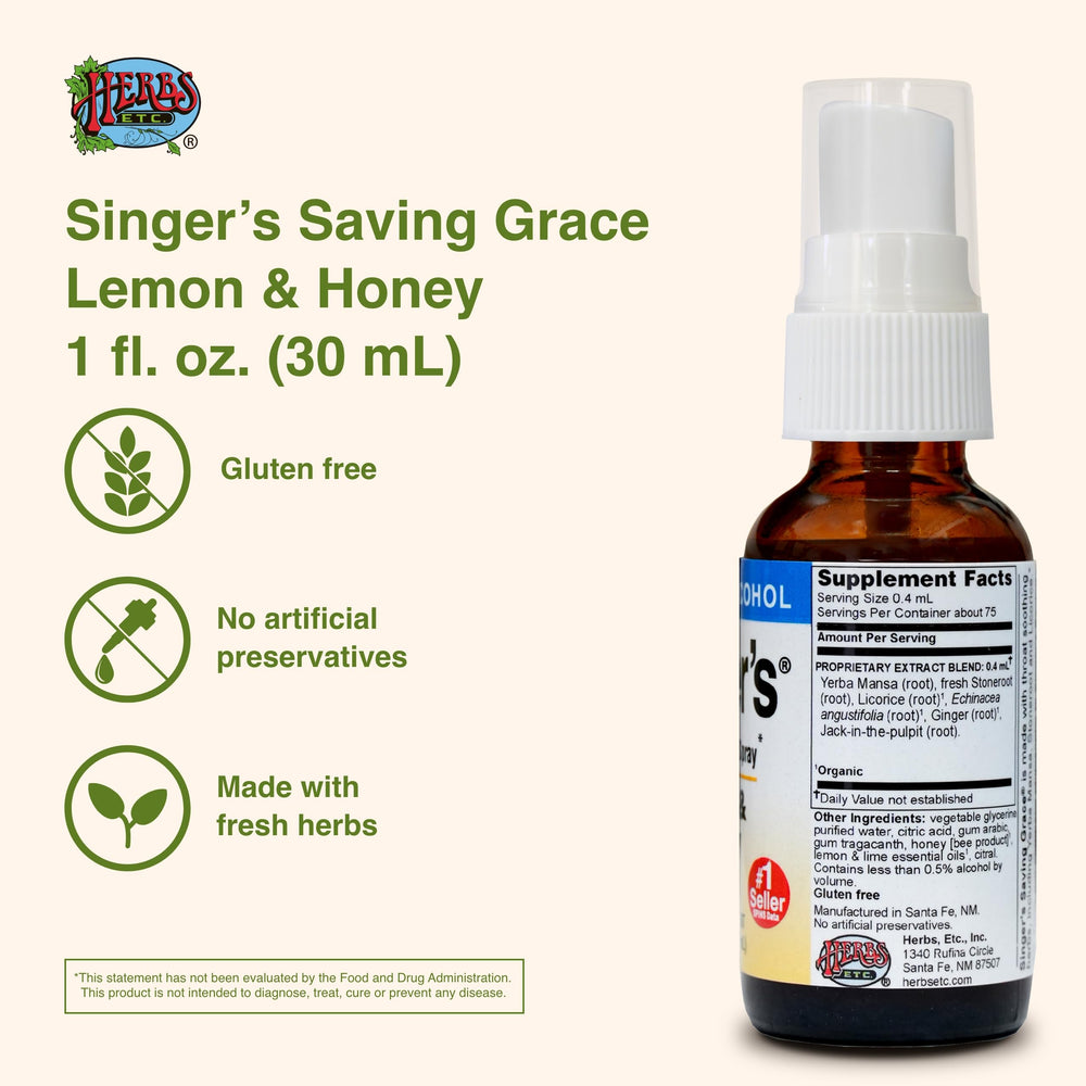Front label of Herbs Etc. Singer's Saving Grace lemon and honey shows natural ingredients.