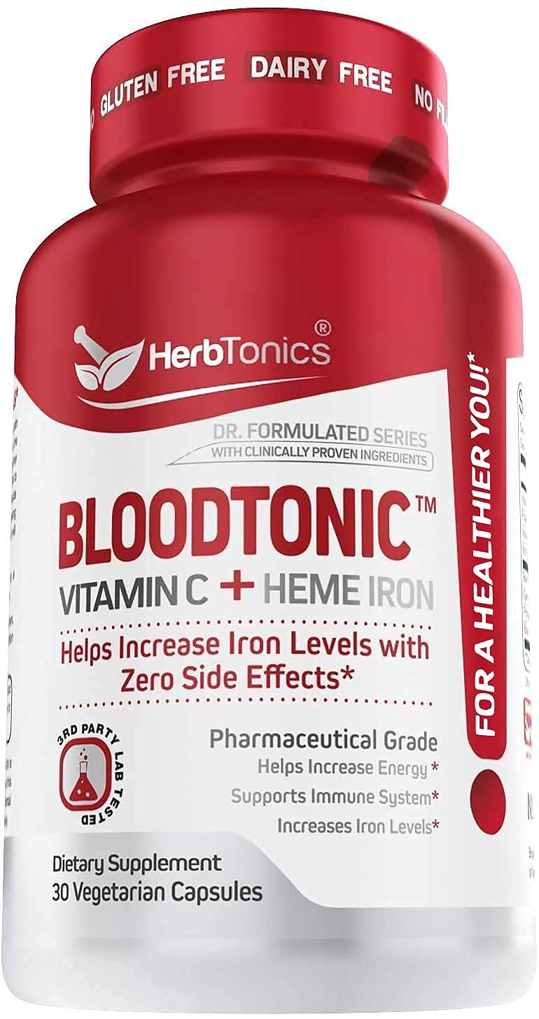 Herbtonics Blood Booster Iron label closeup communicates quality and manufacturing standards.