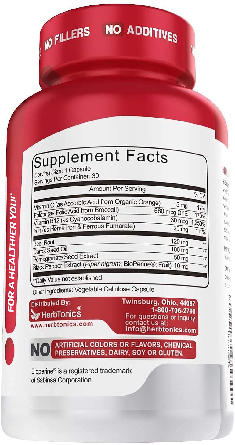 Herbtonics Blood Booster Iron with vitamin C highlights improved absorption potential.