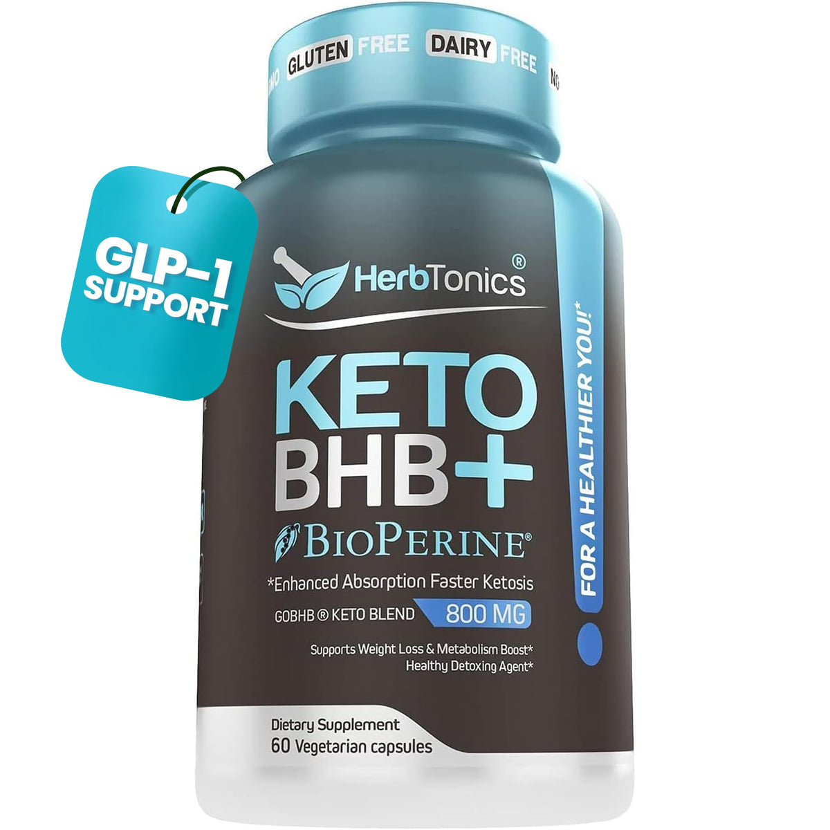 Herbtonics Keto BHB bottle closeup showing convenient capsule packaging for daily use