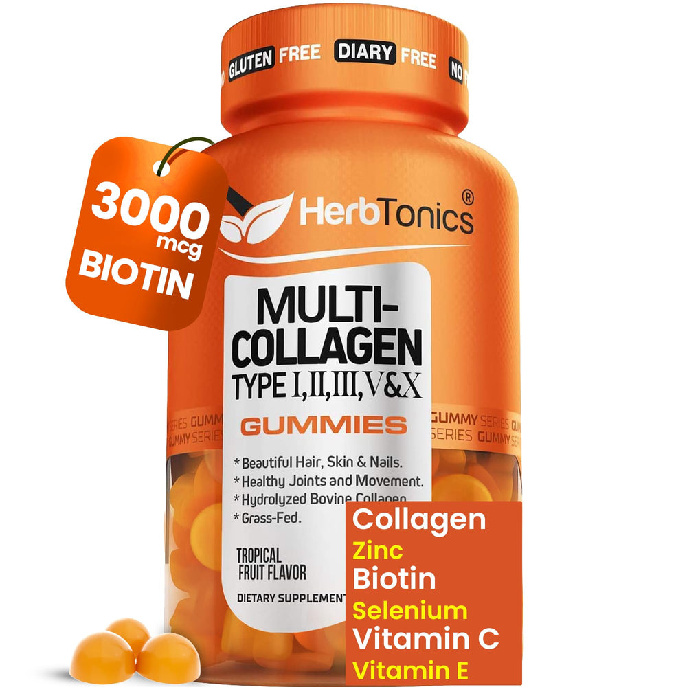 Herbtonics Multi Collagen Gummies bottle showing tropical flavor for daily beauty support.