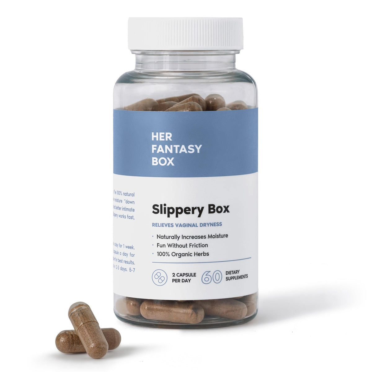 Her Fantasy Box Slippery Elm Capsules bottle for feminine wellness and moisture support.