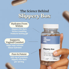 Her Fantasy Box Slippery Elm Capsules closeup highlights vegan formula.