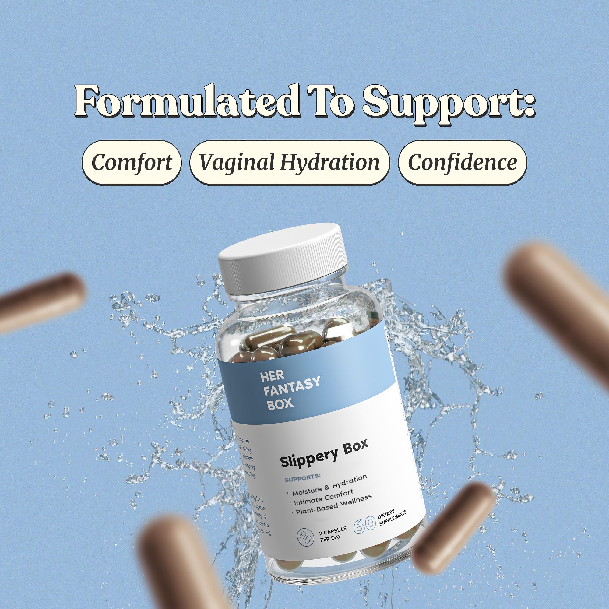 Her Fantasy Box Slippery Elm Capsules pack shows easy daily use.